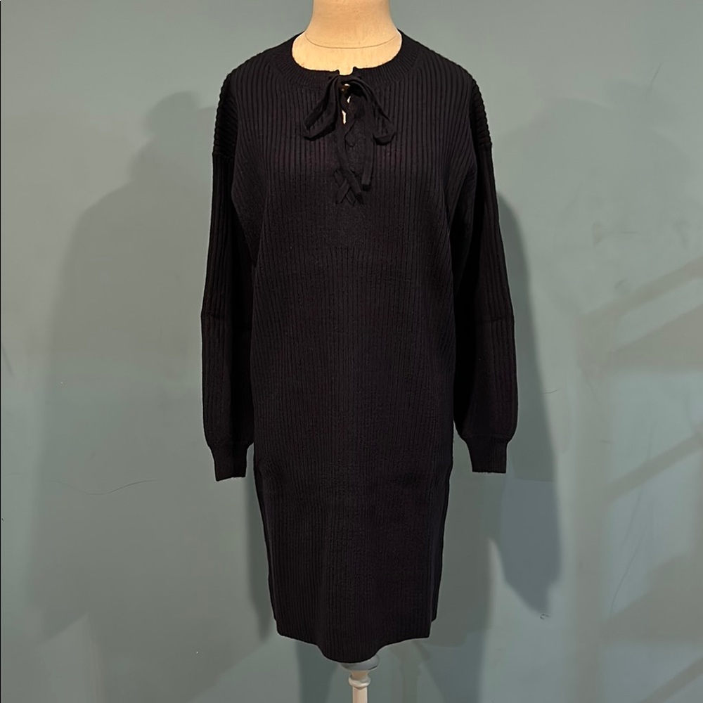 Ann Taylor Navy Blue Lace Up Pullover Ribbed Sweater Dress size Small Petite